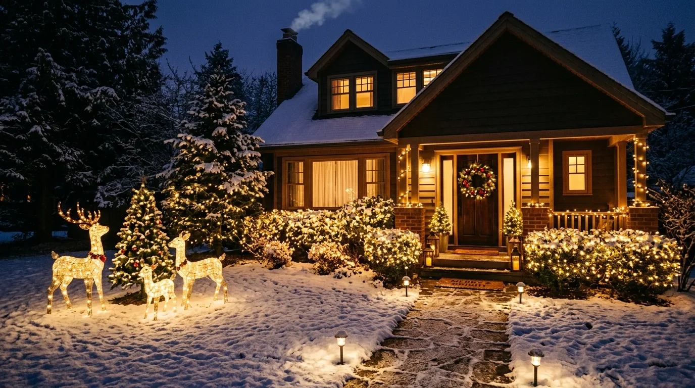 Anchor the entry with a front door wreath inspiration for an outdoor holiday display.